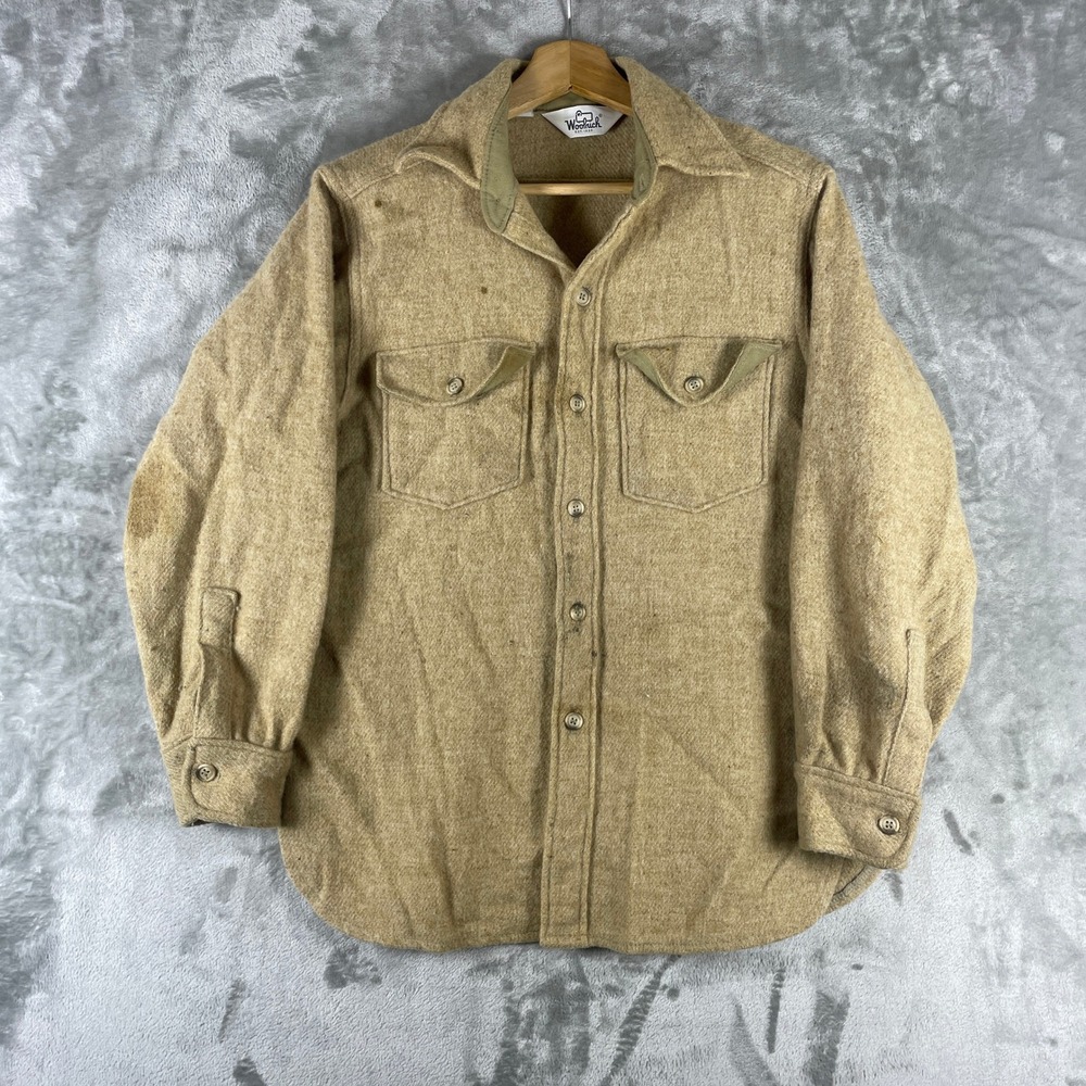 Vintage Woolrich Shirt Jacket Mens M (fits S) Tan Wool Flannel CPO Button 70s